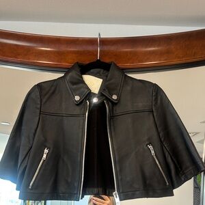 Maje Black Brittany Cropped Leather Moto Jacket with Silver Hardware size 36